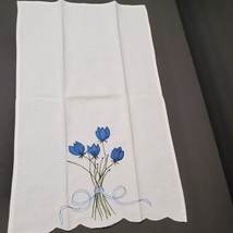 Hand Embroidered Guest Towels, set of 2 Vintage Embroidery, Blue Flower Tulip image 5