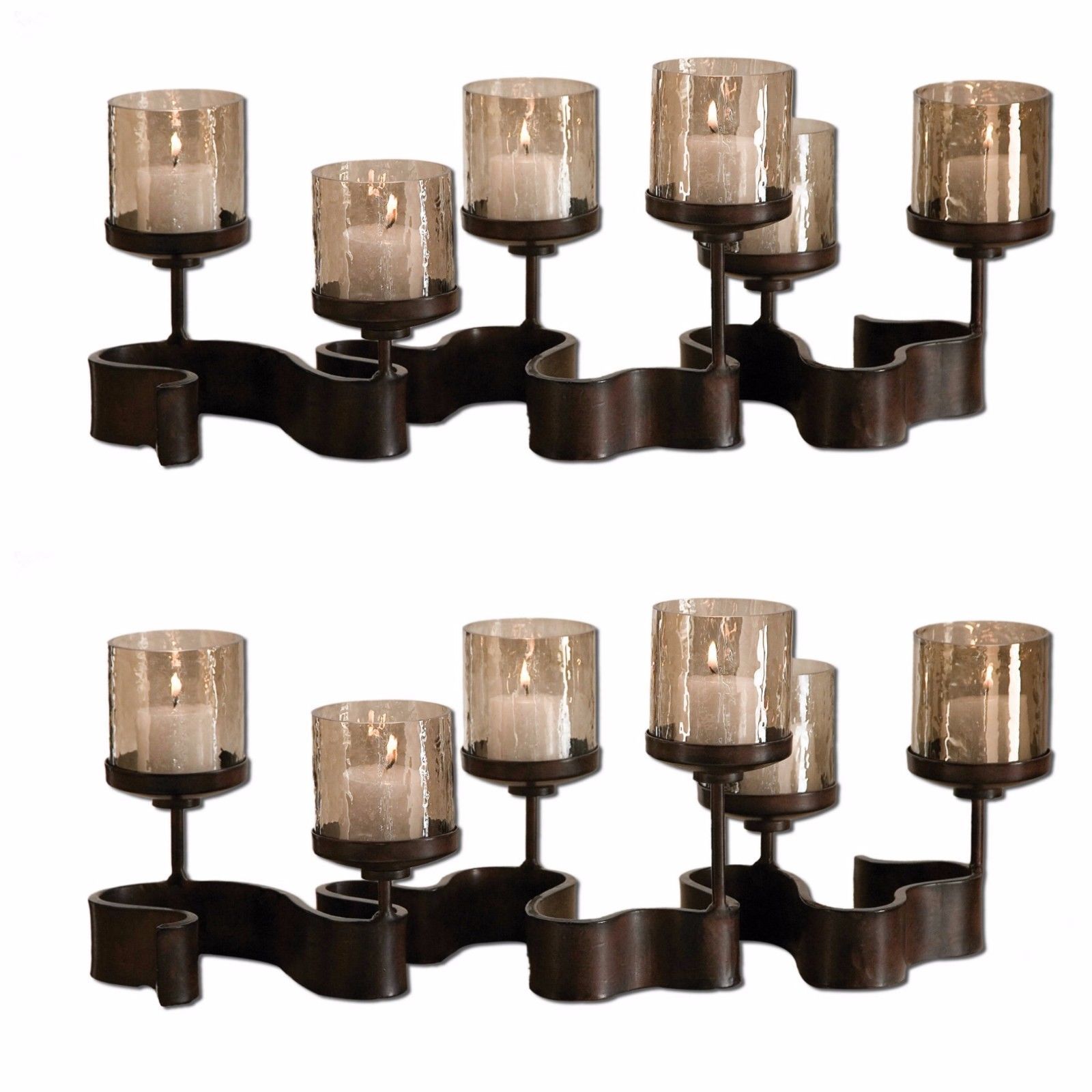 TWO 24" AGED BRONZE METAL CANDELABRA CANDLE HOLDER 6 GLASS COPPER BROWN GLOBES Candle Holders