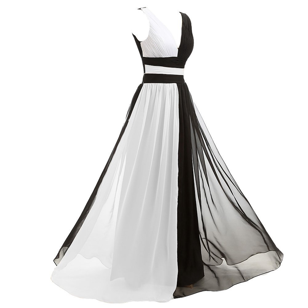 Kivary V Neck Long Black and White Chiffon Pleats Simple Prom Evening Dresses US