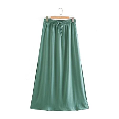 Solid Color Casual Satin Midi Skirt Female Elastic Waist Lace Up Split Summer Sk