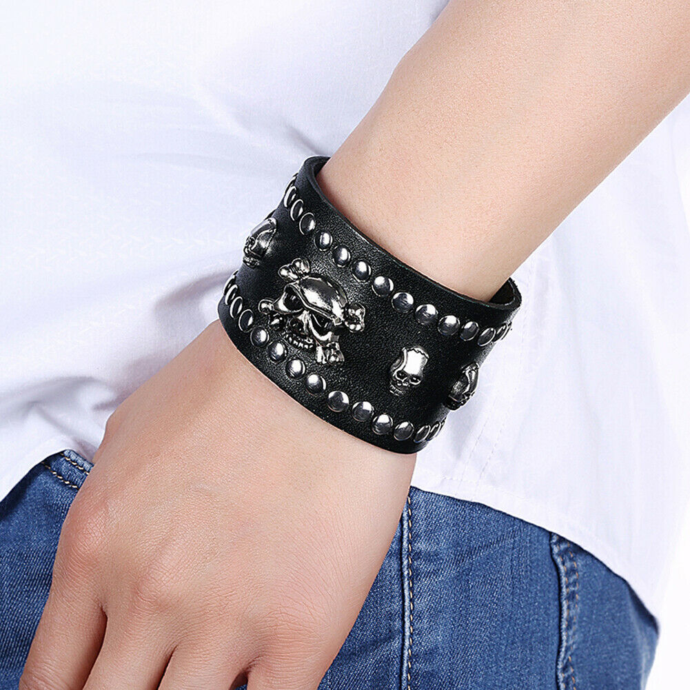 Gothic Skull Rose Black Leather Wristband Bangle Cuff Bracelet ...