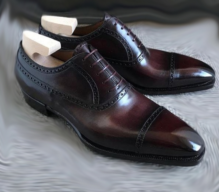 Wine Red Oxford Patent Cap Toe, Luxury Lace Up Leather Men's Formal Shoes,