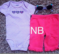 Girl&#39;s Sz NB Newborn Carter&#39;s Purple Heart Top, Pants + Sunglasses  - $22.00