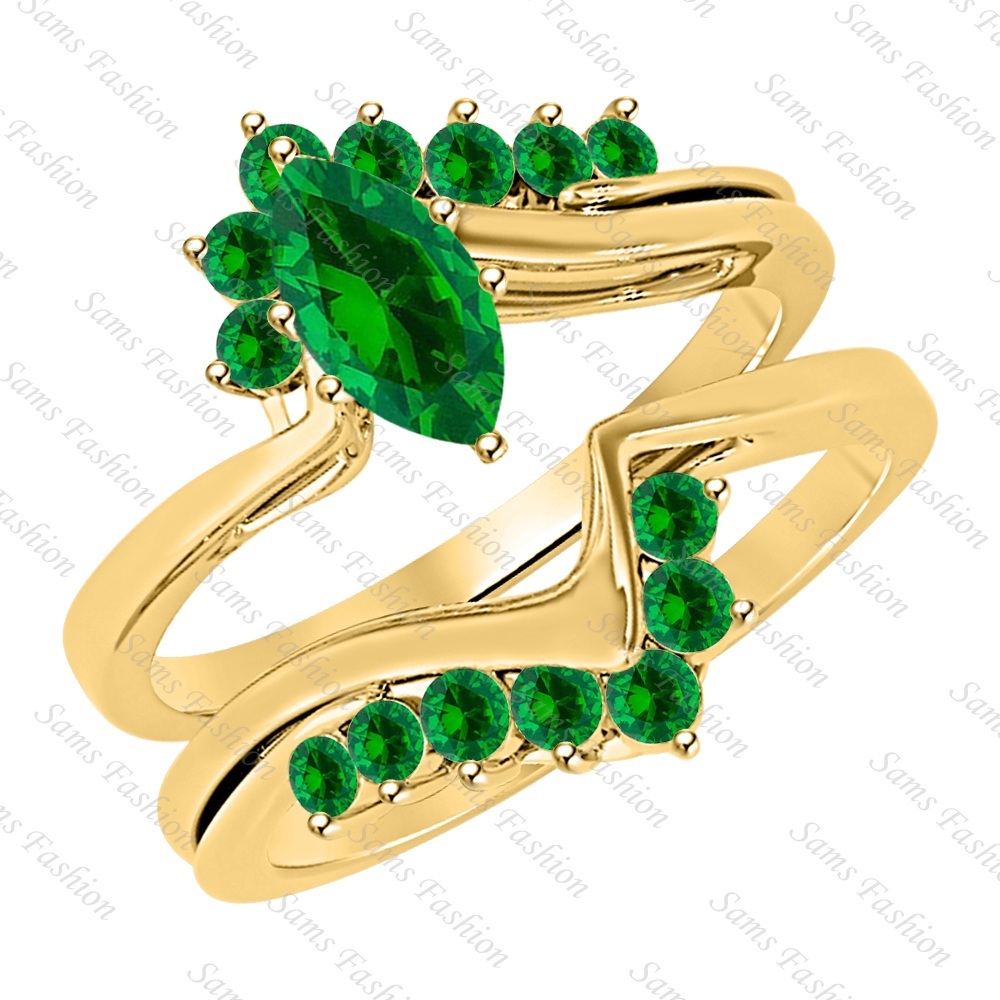 2Ct Yellow Gold Over .924 Sterling Silver Marquise Cut Green Emerald Ring Women