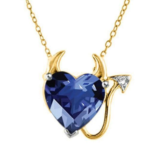 2Ct Heart Blue Sapphire & Diamond 14k Yellow Gold Finish Devil Heart Pendant