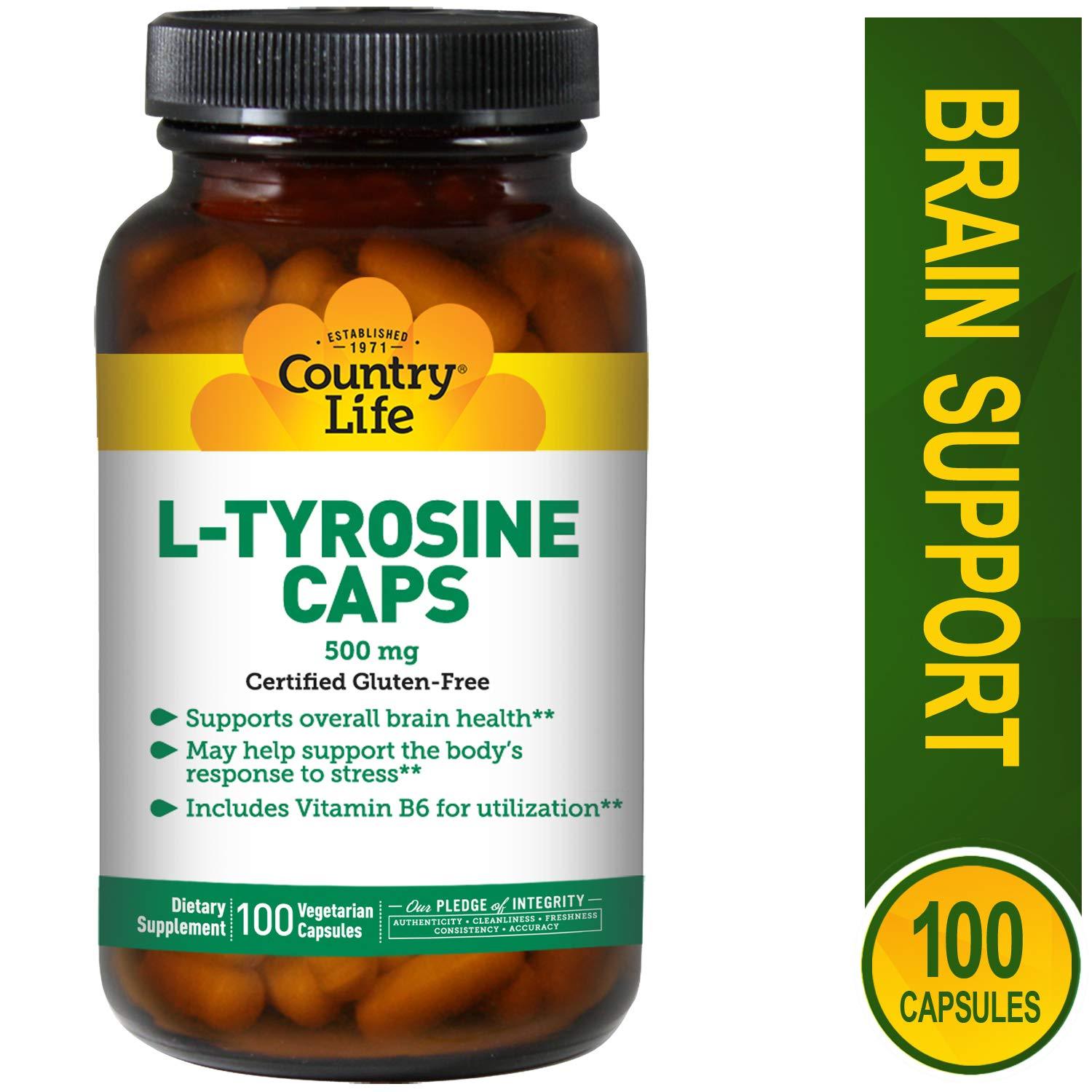 Country Life, L Tyrosine 500mg with Vitamin B6, 100 Veggie ...