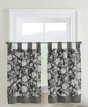 WAVERLY Stencil Vine Tier Curtain Set 100% Cotton Tab Top Black Floral 52X36 - $20.50