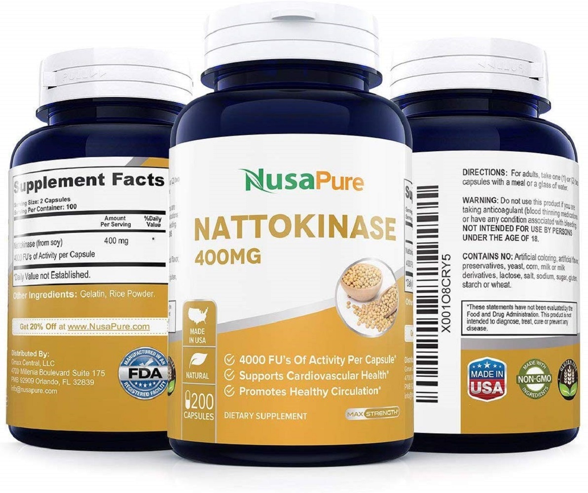 Nusapure - Nattokinase 400 mg 200 capsules 4000 fu (non-gmo & gluten free) supports
