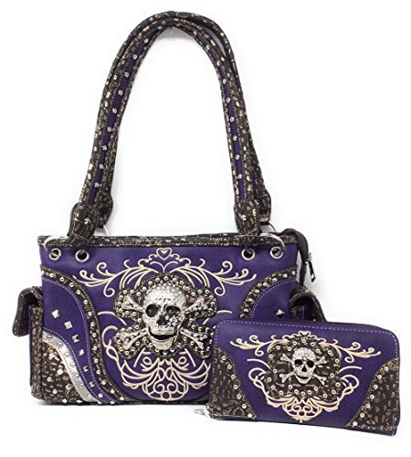 Rhinestone Skull Metal Color Leather Women's Handbag, Wallet with Texas West Coi