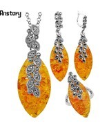 Leaf Flower Pendant Simulated Ambers Jewelry Set Choker Necklace Earring... - $22.33
