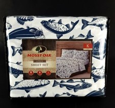 Mossy Oak King Bed 4 Pc Sheet Set White Blue Fish Fishing Cabin New - $48.99