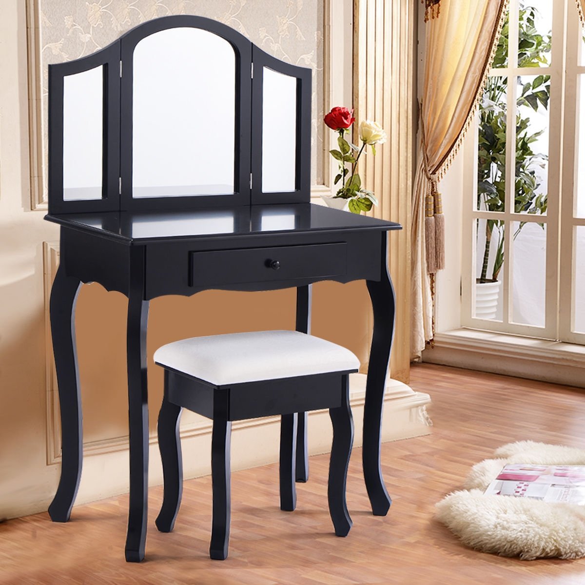 Black / White Vanity Makeup Dressing Table with Tri ...
