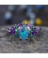 Blue Opal Wedding Ring Set Oval Black Opal Engagement Ring  Emerald Amet... - $688.00