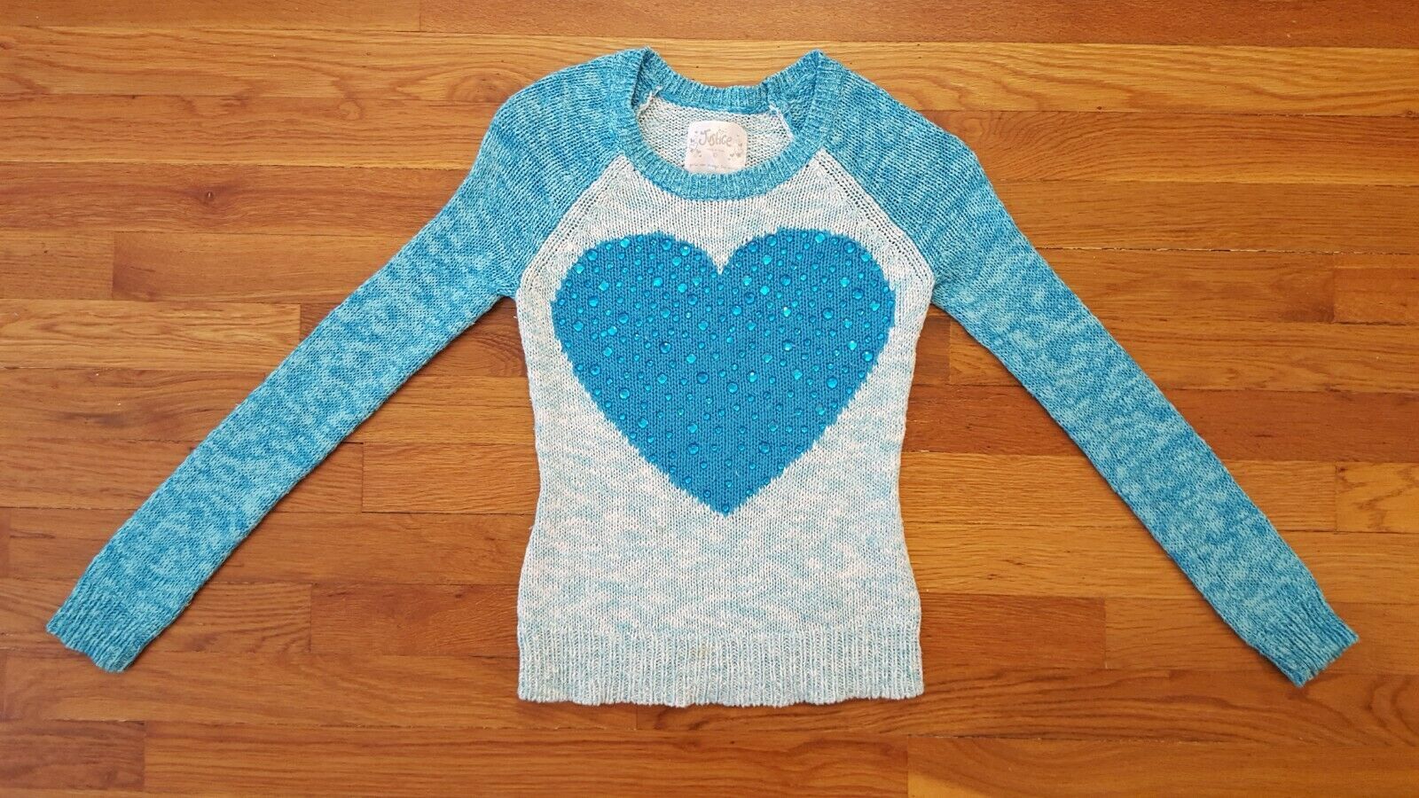 Primary image for Justice Girl Girls Heart Rhinestone Teal Turquoise Long Sleeve Sweater 10