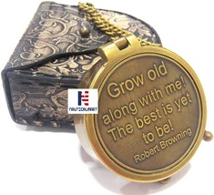 Grow Old Along with Me Engraved Brass Compass with Chain and Leather case Gift