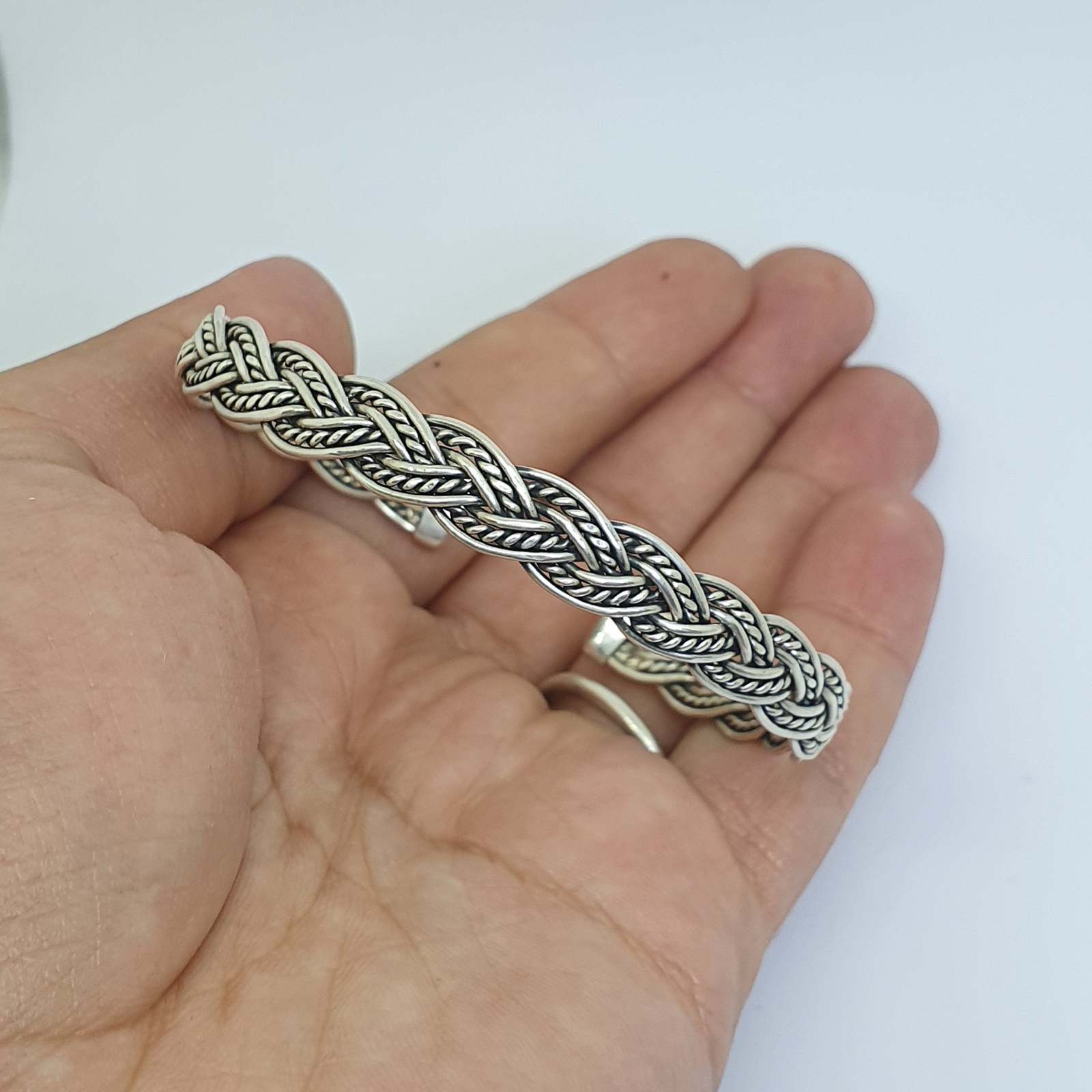 Sterling silver braided bracelet, Unisex 925 silver cuff bracelets