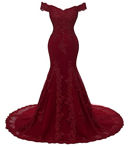 Off Shoulder Mermaid Long Lace Beaded Prom Dress Corset Evening Gowns Burgundy U