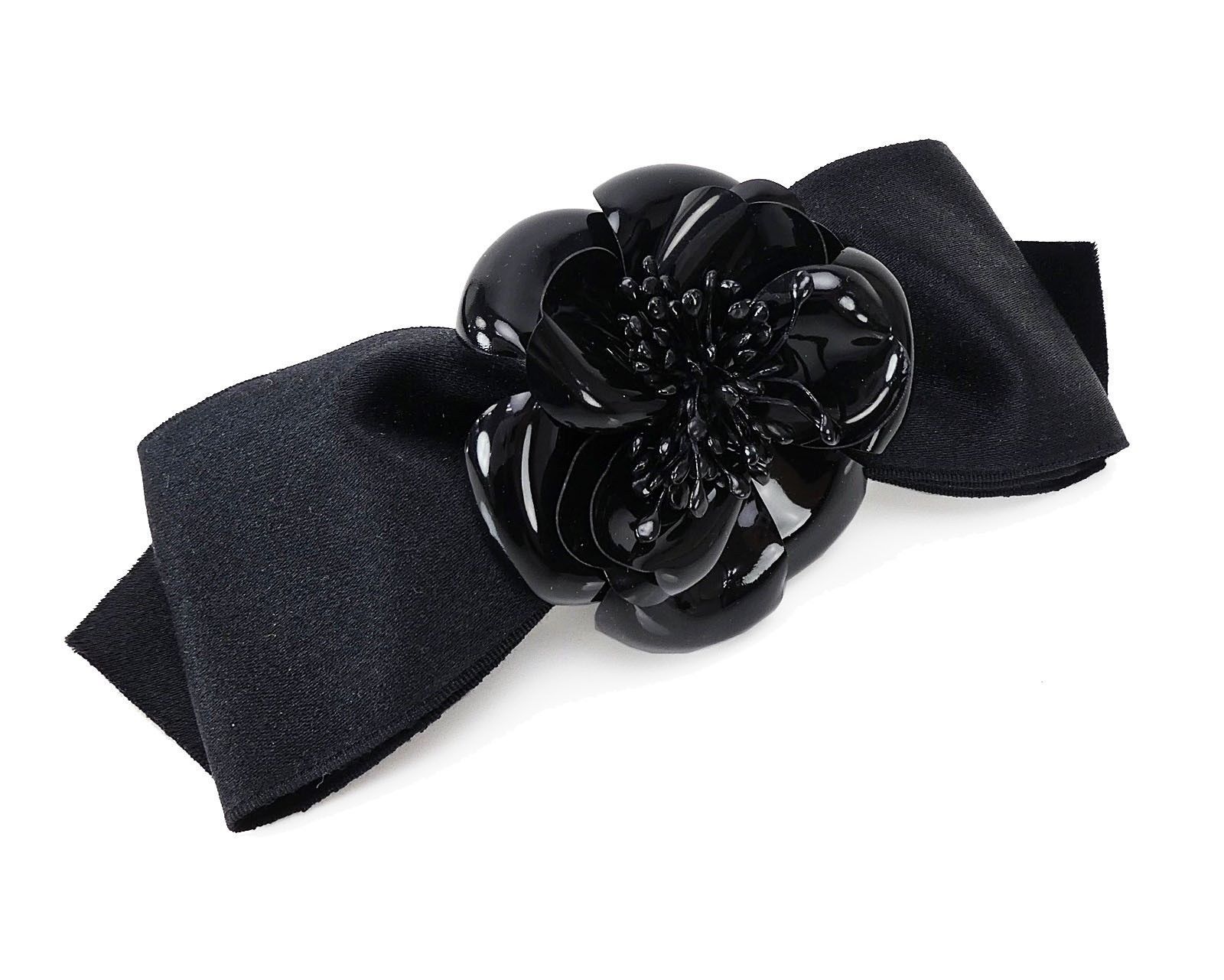 Authentic Vintage CHANEL Black Ribbon Camellia Barrette Hair Clip