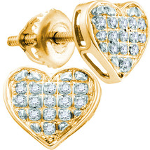10k Yellow Gold Womens Round Diamond Heart Cluster Fashion Earrings 1/10 Cttw - $150.00