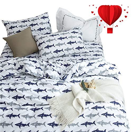 BuLuTu Blue/Grey Shark Twin Kids Boys Bedding Duvet Cover Set Cotton
