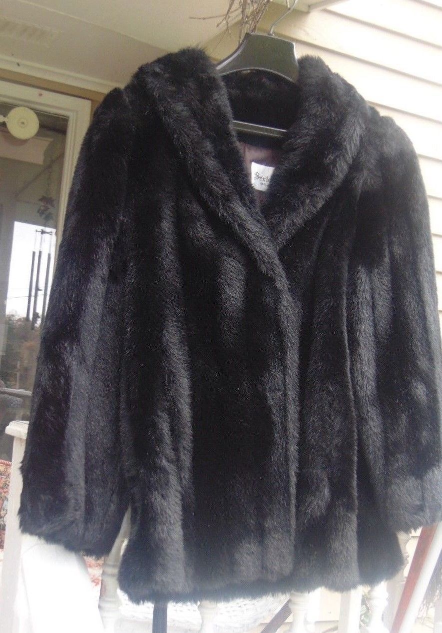 Vintage Saxton Hall Black Faux Fur Short Coat-Lined-2 Pockets-Made In ...