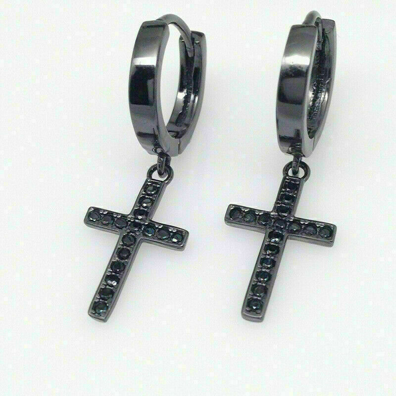 1.40Ct Round Cut Black Diamond Men's Cross Hoop Earrings 14K Black Gold