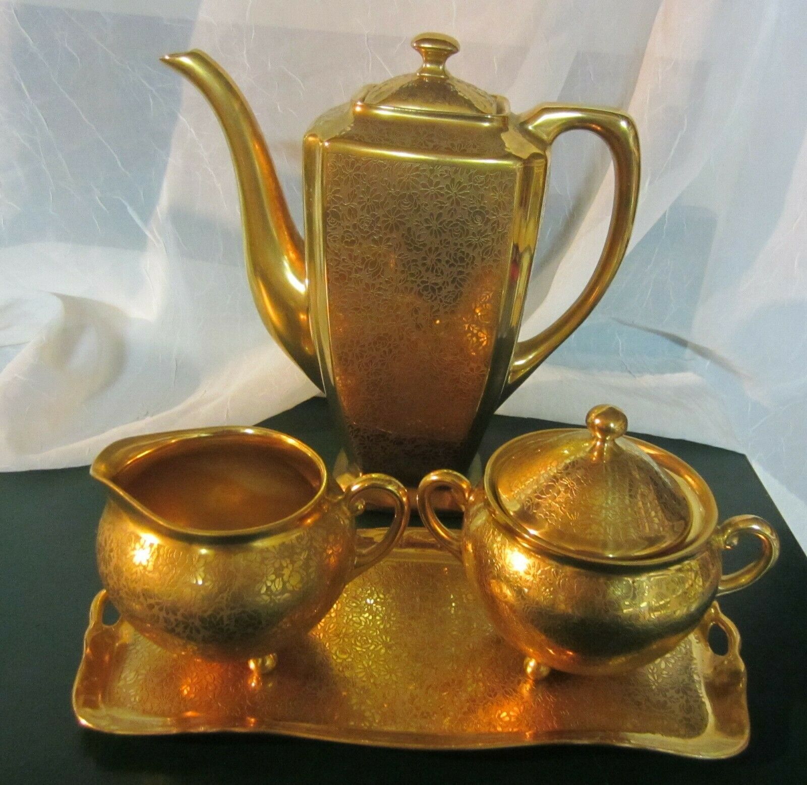 Primary image for Vintage Pickard gold  Gilded rose / daisy  coffee creamer sugar tray signed