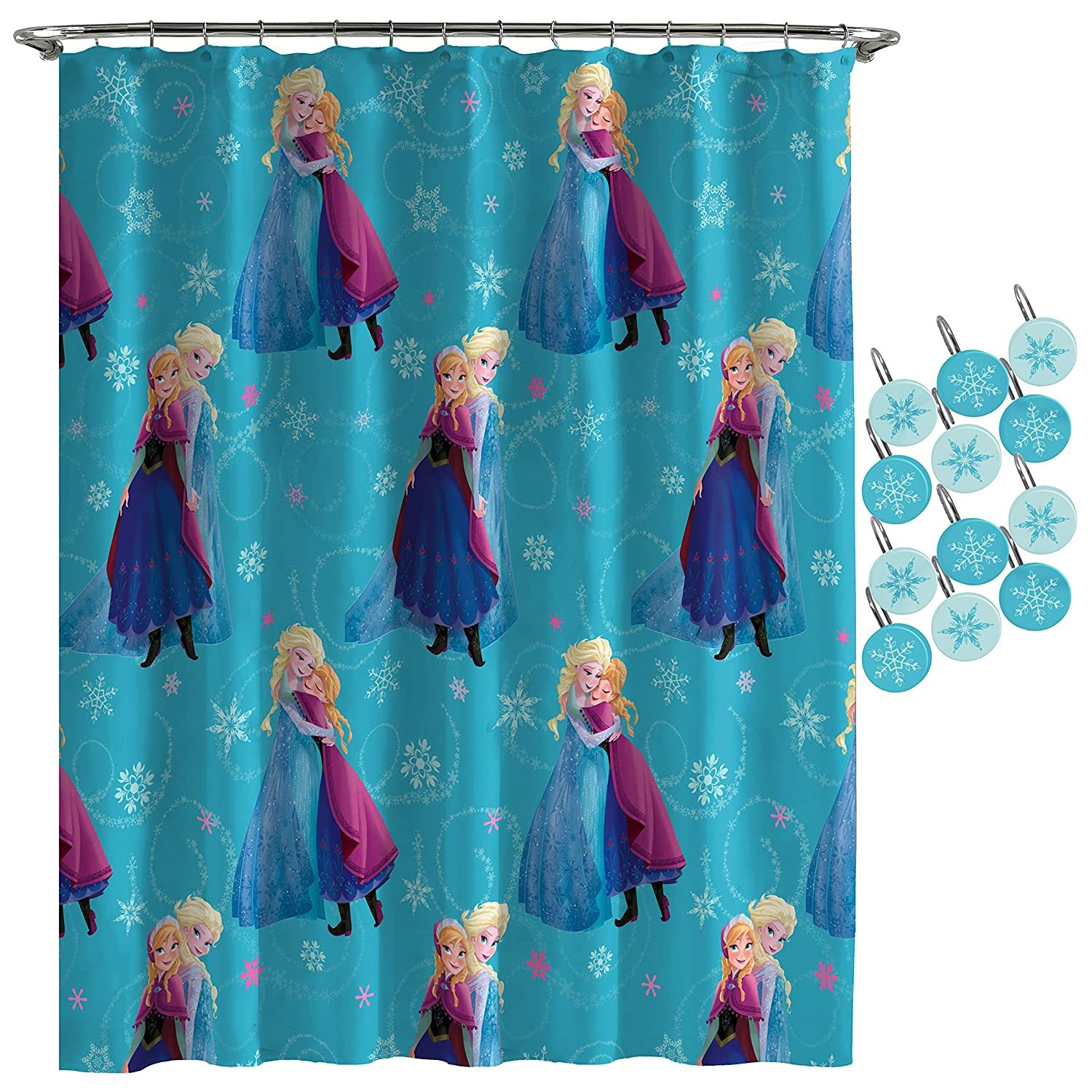 Frozen Swirl Shower Curtain & 12-Piece Hook Set & Easy Use - Kids Bath Features