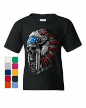 Chief Skull Headress Youth T-Shirt Native American Stars and Stripes Kids Tee - $10.46