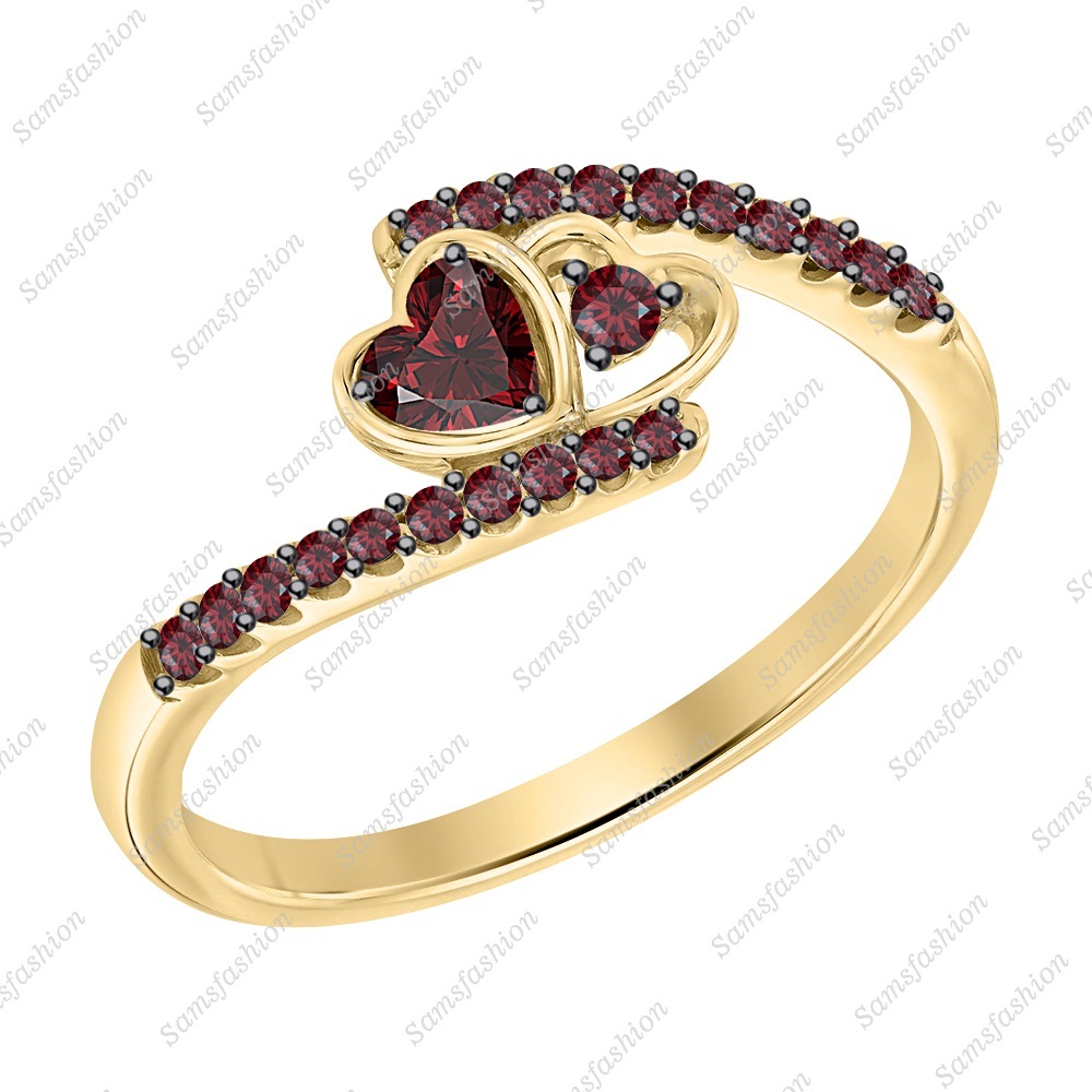 Heart Shaped Red Garnet 14k Yellow Gold 925 Silver Double Heart Anniversary Ring
