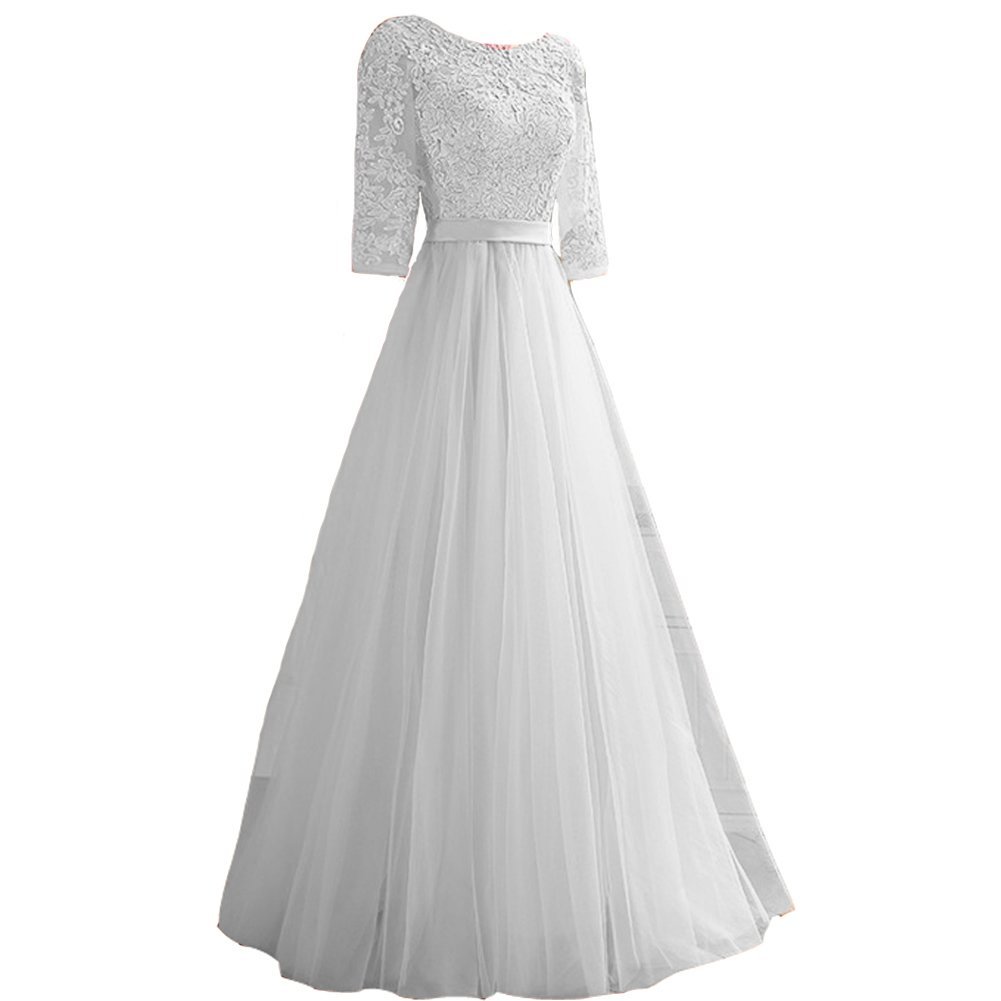 Kivary Vintage Sheer 1/2 Sleeves Tulle A Line Sash Long Prom Evening Dresses Sil