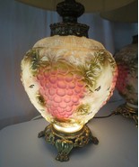 PAIR RARE OLD VINTAGE 1970&#39;S VICTORIAN GRAPE GLASS TABLE LAMPS EF &amp; EF IND - $500.00