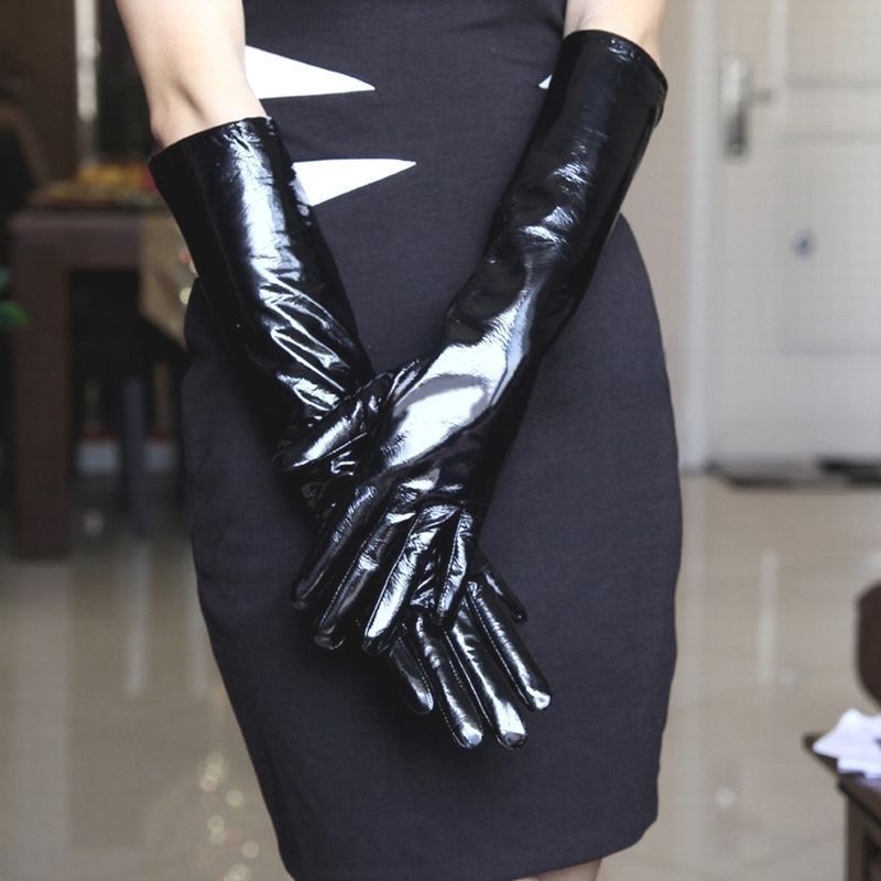 30cm-70cm Women's Real leather Black Shiny Long Evening Gloves Opera Gloves
