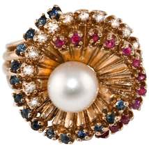 Diamonds Sapphires Rubies Pearl 14 Karat Rose Gold Spiral Ring - $2,395.00