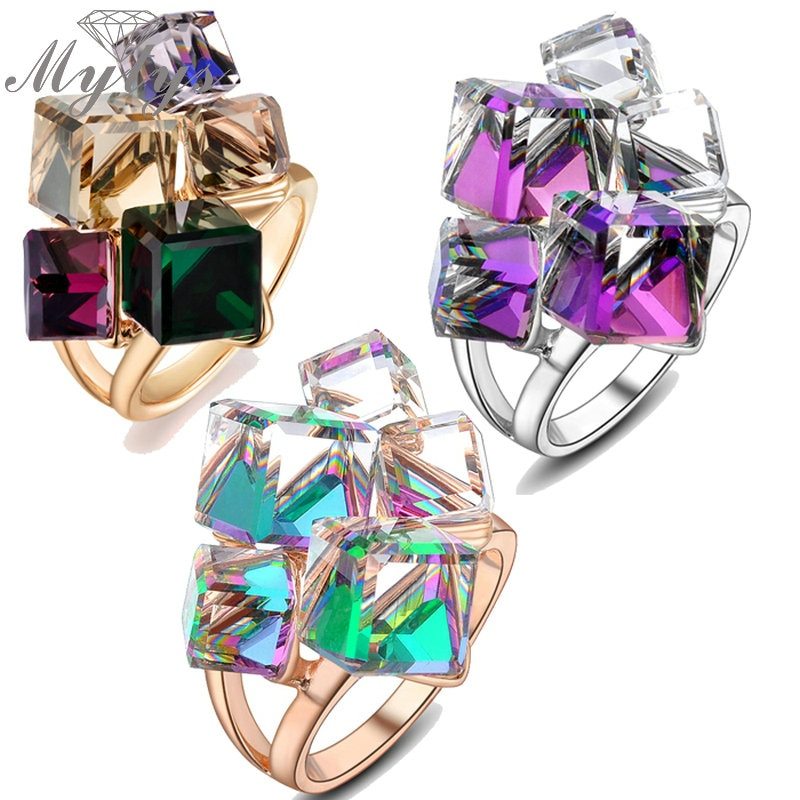 Mytys Fashion Geometric Square Crystal Changing Color Ring for Women Cocktail Pa