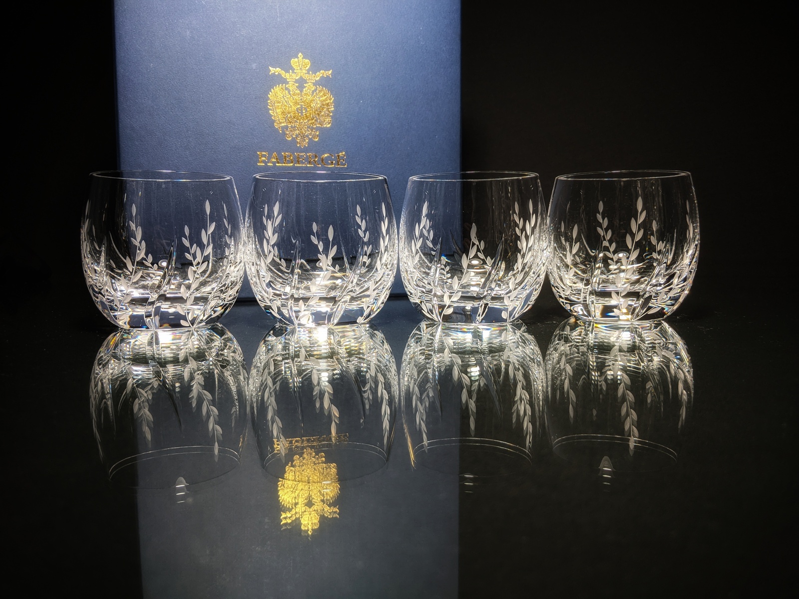 Faberge Atelier Clear Crystal Old Fashion Glasses set of 4 NIB