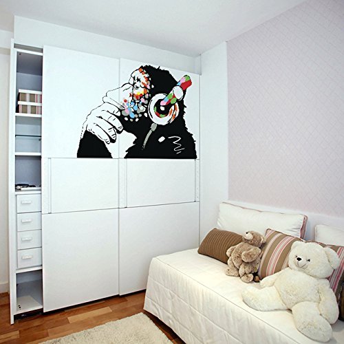 Primary image for (55'' X 38'') Banksy Vinyl Wall Decal Monkey with Headphones / Colorful Chimp Li