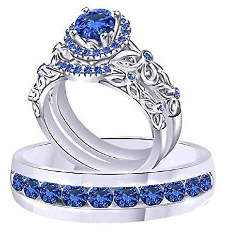 Elegant Touch Round Cut Blue Sapphire Halo Wedding Ring Set His and Her Trio Rin