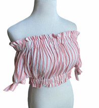Favlux Striped Bow Crop Peasant Top Red White Puff Sleeve M Off The Shou... - $19.79