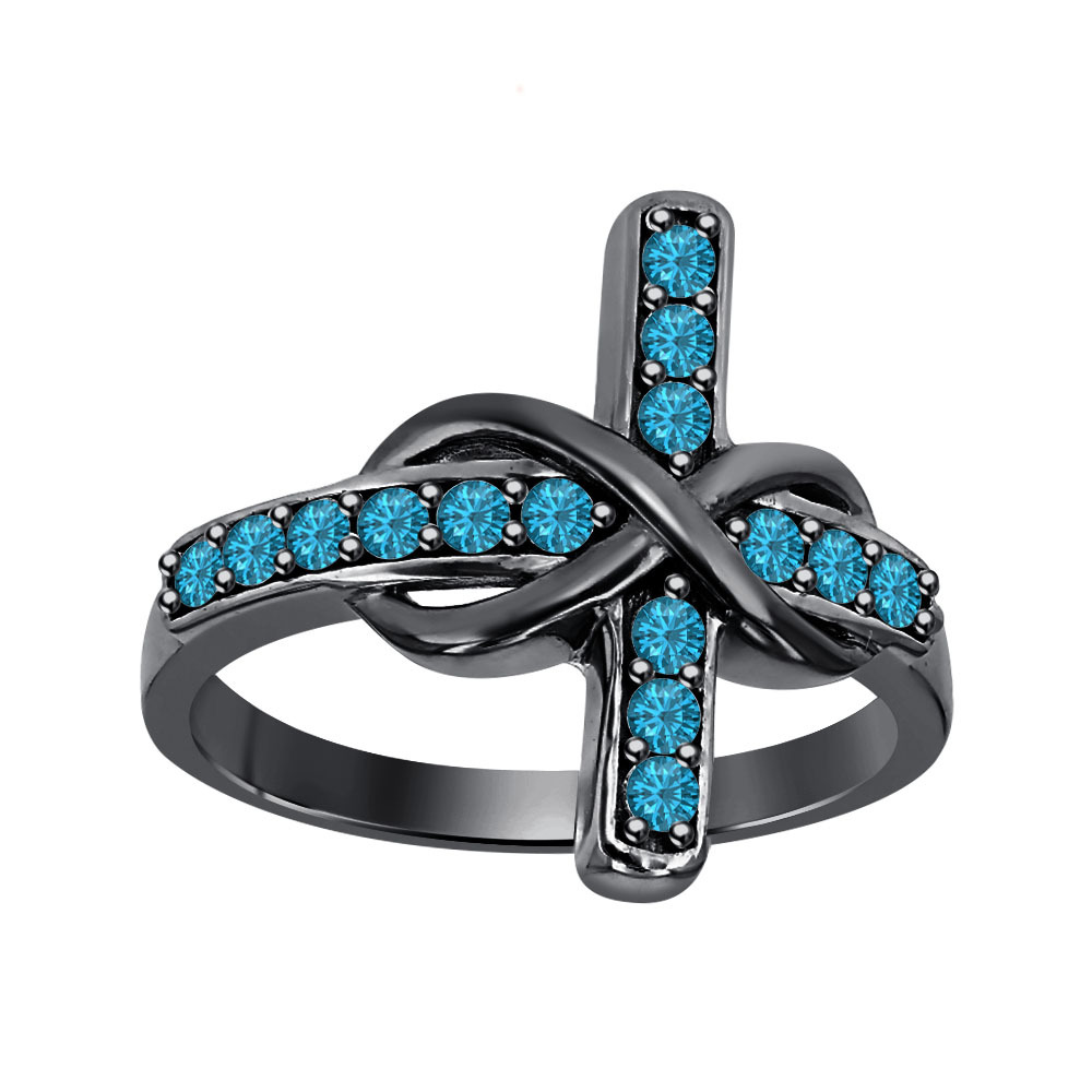 50 ct Round London Blue Topaz 18K Black Gold Over 925 Silver Infinity Cross Ring