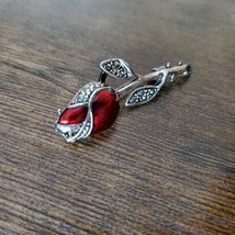 Rose Brooch, Silver Tone with Red Enamel and Rhinestones, Vintage Jewelry image 5