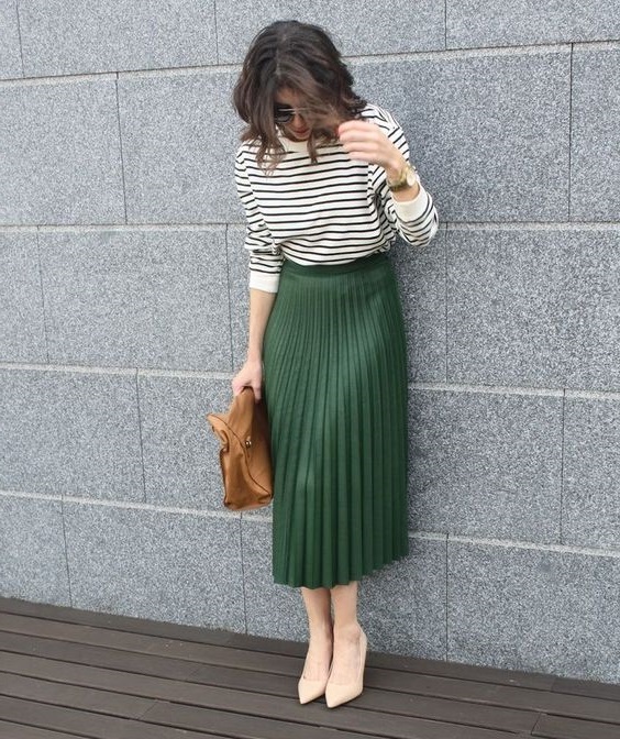 New olive green faux leather pleated midi length women skirt autumn fall winter