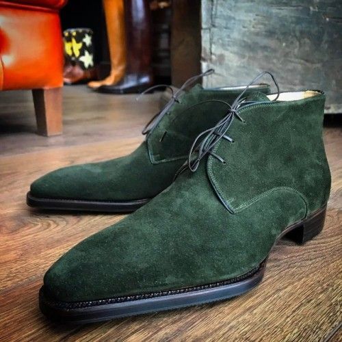 Handmade - Handcrafted green color suede leather stylish chukka laceup men's stylish boots