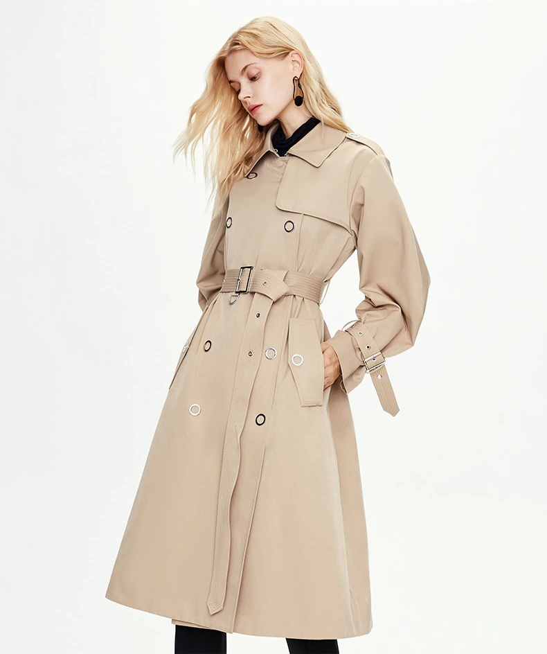 New camel double breasted long sleeve women oversized trench coat with belt