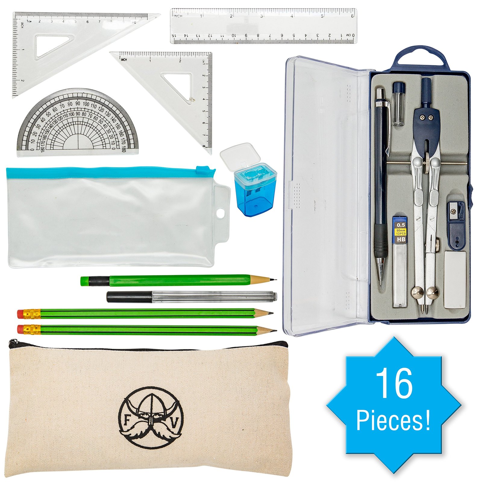 16 Piece Geometry School Set by Ferocious Viking, with Quality Compass, Linear R Other
