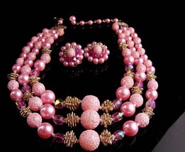 Vintage pink Sugar bead necklace - Vintage clip on earrings - 3 strand J... - $85.00
