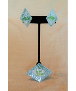 Vintage enamel over metal blue, green &amp; white diamond shaped brooch &amp; ea... - $12.00