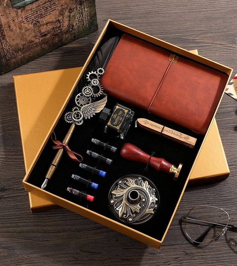 Feather pen set with journal and wax seal