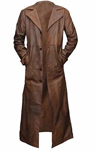 Mens Faux Leather Brown Coat Classic Detective Long Length Trench Overcoat