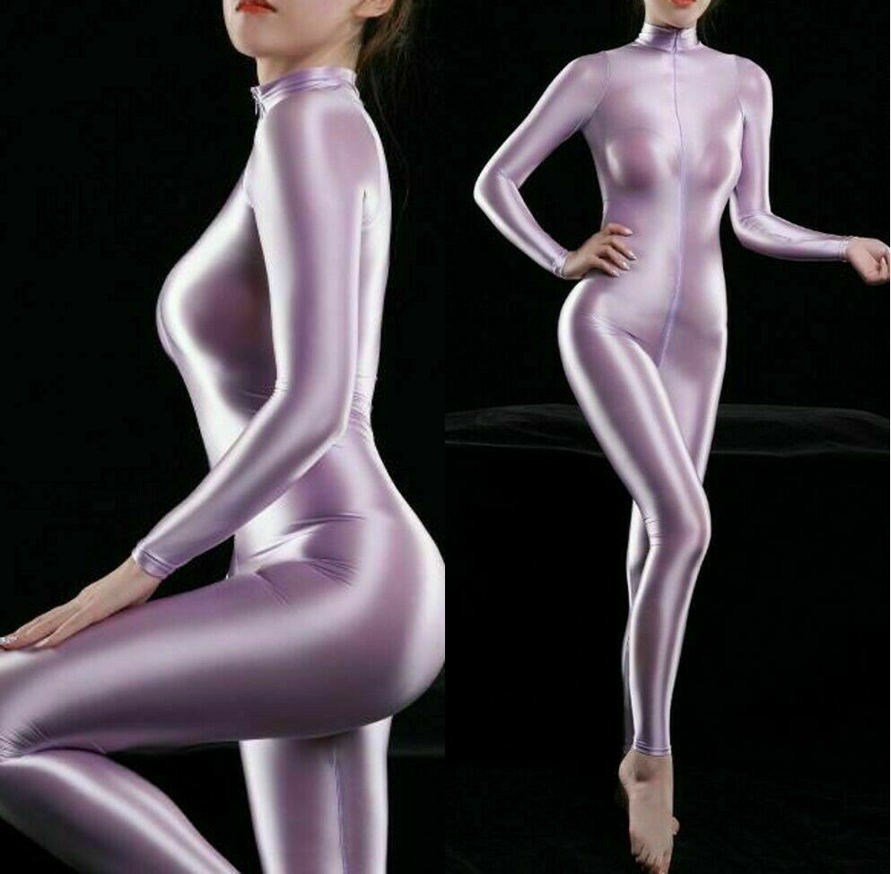 Ladies Super Shiny Bodysuit Zipper Open Crotch Catsuit Jumpsuit Romper Clubwear